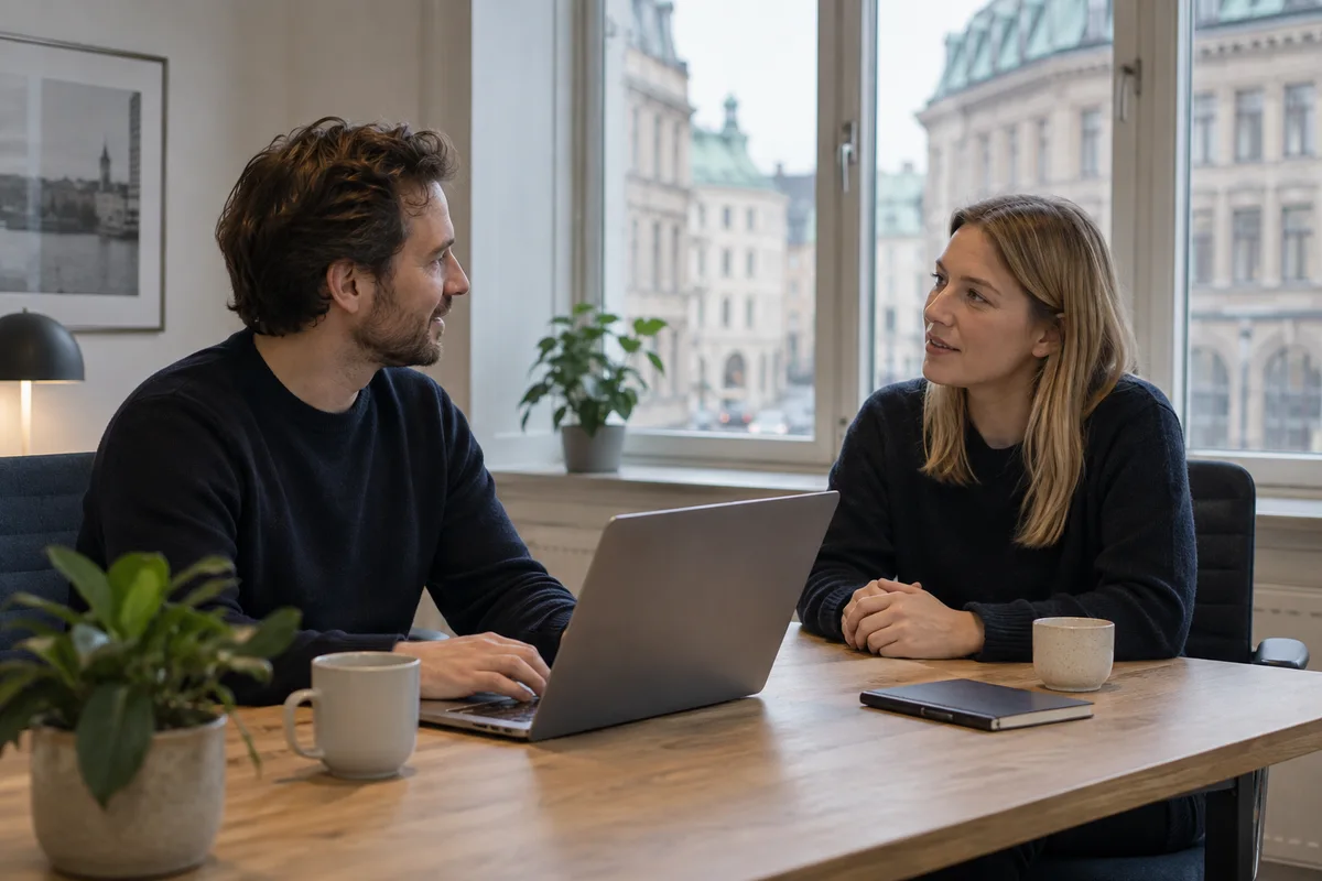 Illustrerat samtal i ett svenskt kontor: två personer diskuterar vid ett bord med en öppen laptop.
