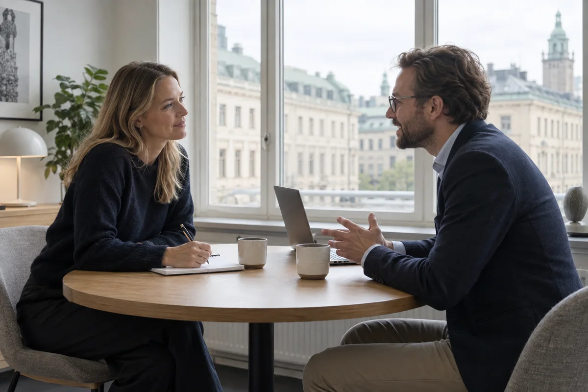 Illustration av ett första projektsamtal: två personer diskuterar ett behov och antecknar vid ett bord.