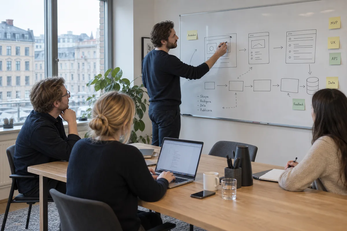 Illustrerad designworkshop: en person skissar ett system på en tavla, två kollegor följer genomgången och en deltagare antecknar på sin laptop.