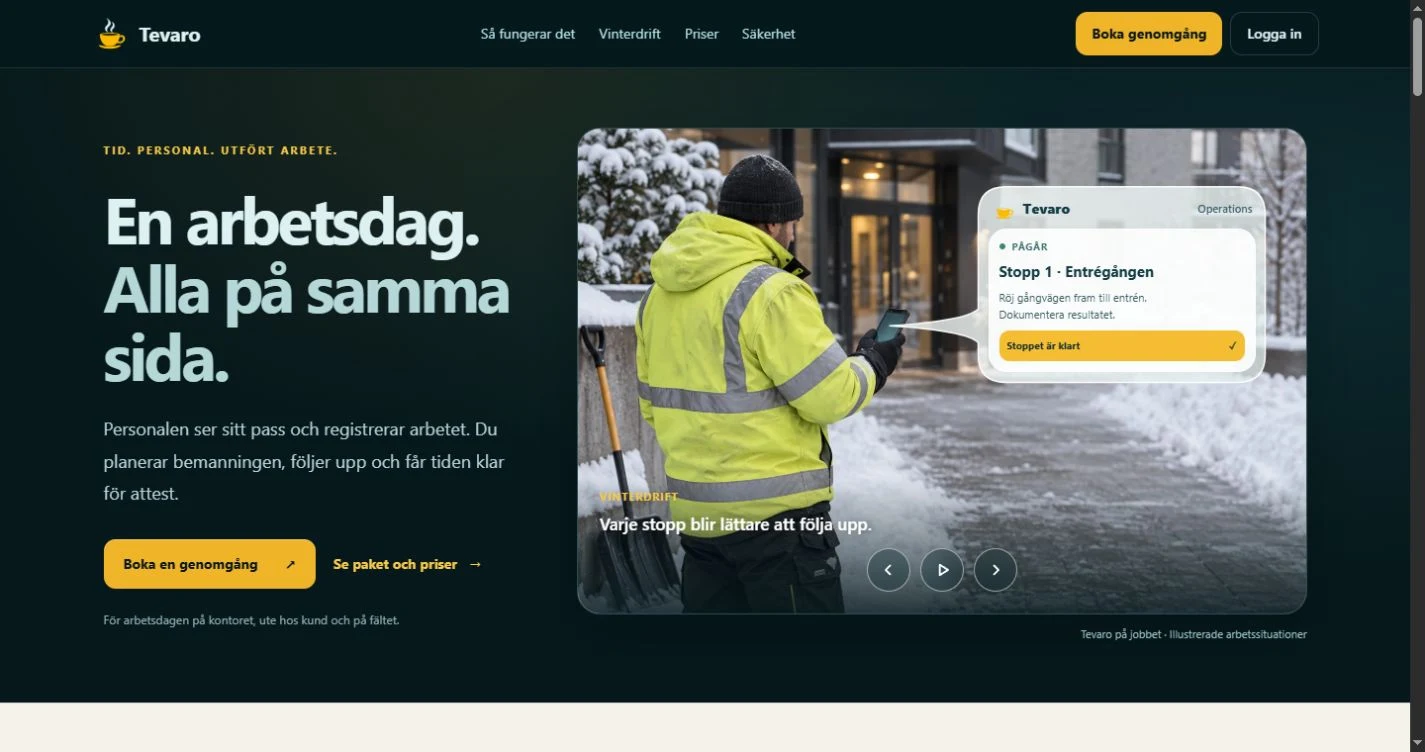 Tevaros aktuella startsida: En arbetsdag. Alla på samma sida. Intill visas en illustrerad arbetssituation med Tevaro Operations.