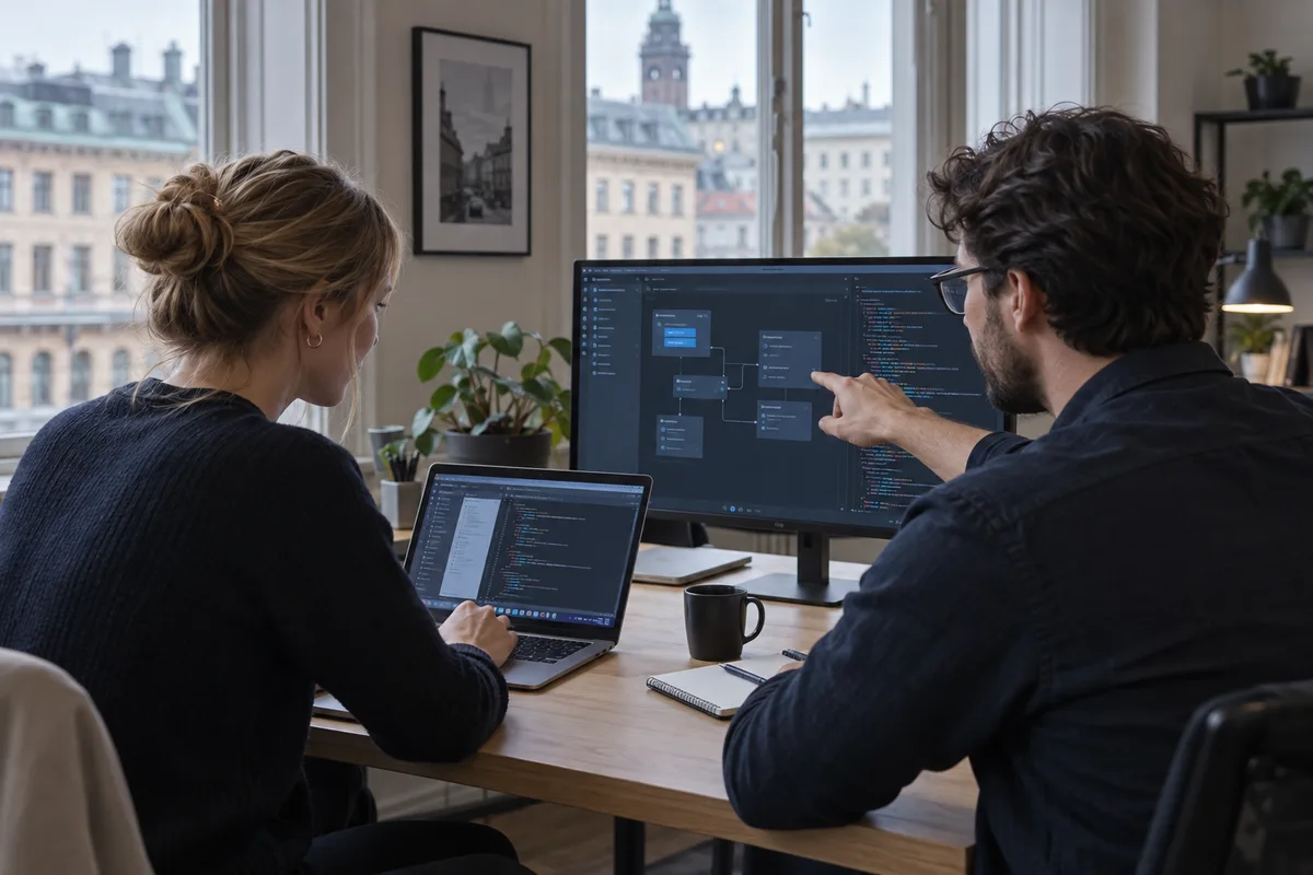 Illustrerad systemutveckling: två personer kopplar samman arbetsflöden och programkod i ett svenskt kontor.