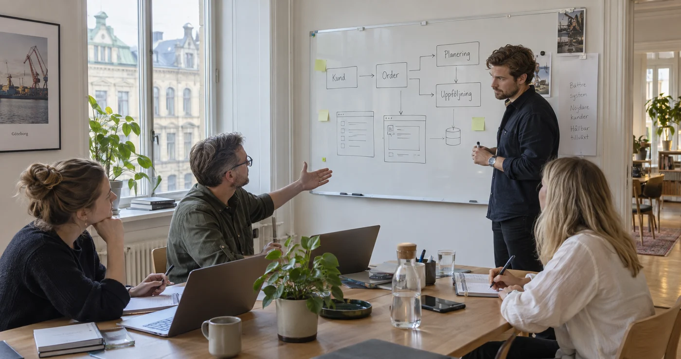 Illustrerad workshop i ett kontor med Göteborgskänsla: en person skissar ett system på en tavla och tar emot idéer från tre kollegor.
